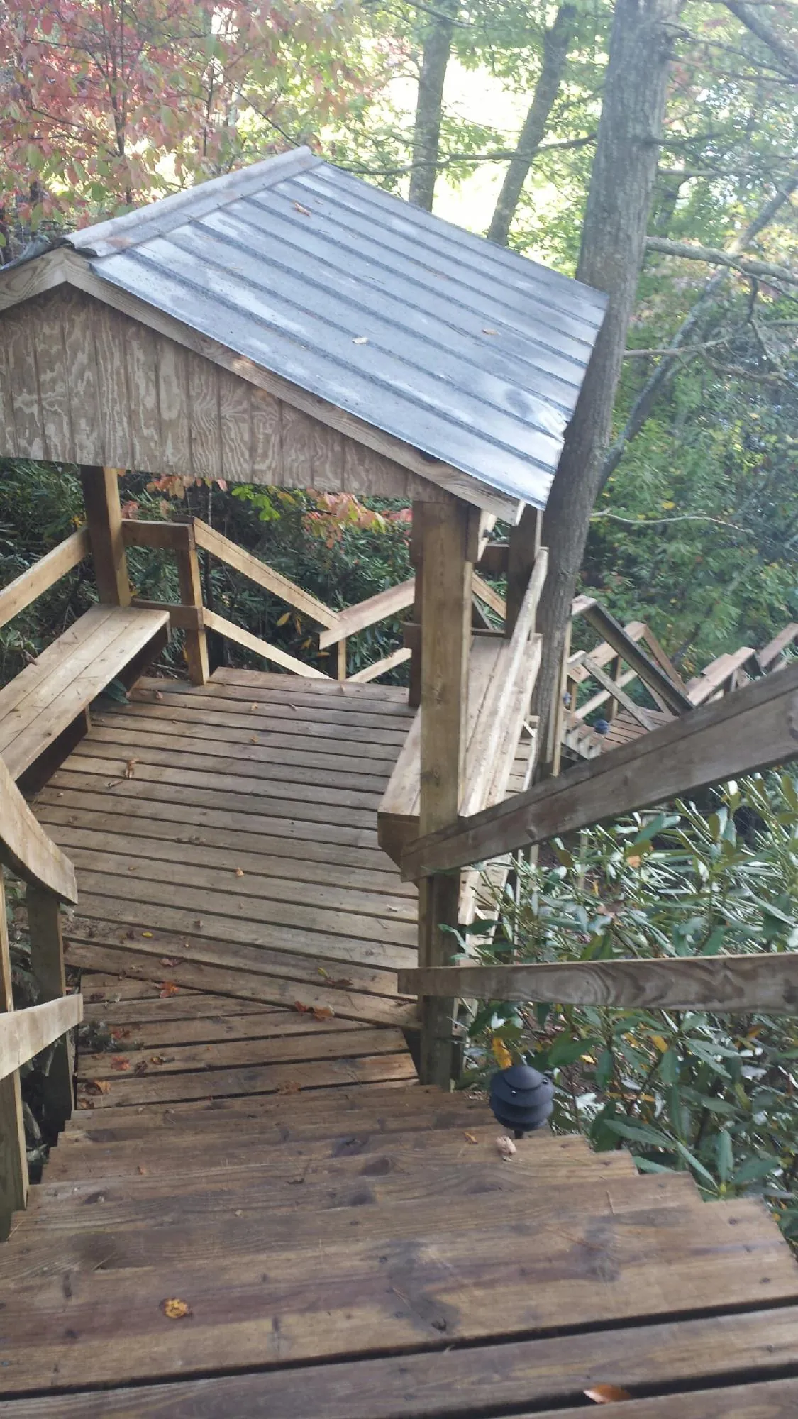 Metal roofed shelter over wooden steps on a wooded walkway — Skylight Repair & Installation work by our crew in Hendersonville